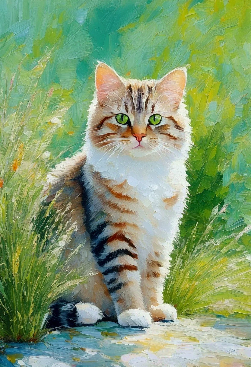 High saturation，Oil painting texture ，Light and Shadow， rough brushstrokes and textures：illustration of a cat with a green patch of grass and plants, Relja Penezic's digital art , shutter,  furry art , Cat and plant , Cat design, illustration of a cat,  depicts a , Anthropomorphic cats, Colorfull illustration,  cute illustration , Happy cat,  painting of a cat , a  painting of a cat 