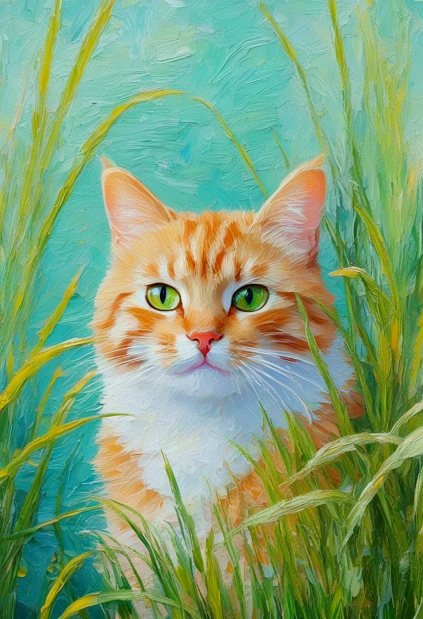 High saturation，Oil painting texture ，Light and Shadow， rough brushstrokes and textures：illustration of a cat with a green patch of grass and plants, Relja Penezic's digital art , shutter,  furry art , Cat and plant , Cat design, illustration of a cat,  depicts a , Anthropomorphic cats, Colorfull illustration,  cute illustration , Happy cat,  painting of a cat , a  painting of a cat 