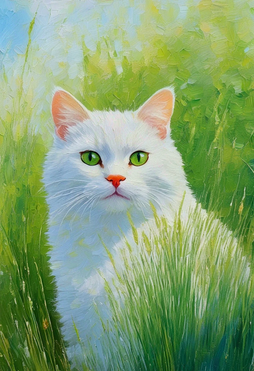 High saturation，Oil painting texture ，Light and Shadow， rough brushstrokes and textures：illustration of a cat with a green patch of grass and plants, Relja Penezic's digital art , shutter,  furry art , Cat and plant , Cat design, illustration of a cat,  depicts a , Anthropomorphic cats, Colorfull illustration,  cute illustration , Happy cat,  painting of a cat , a  painting of a cat 