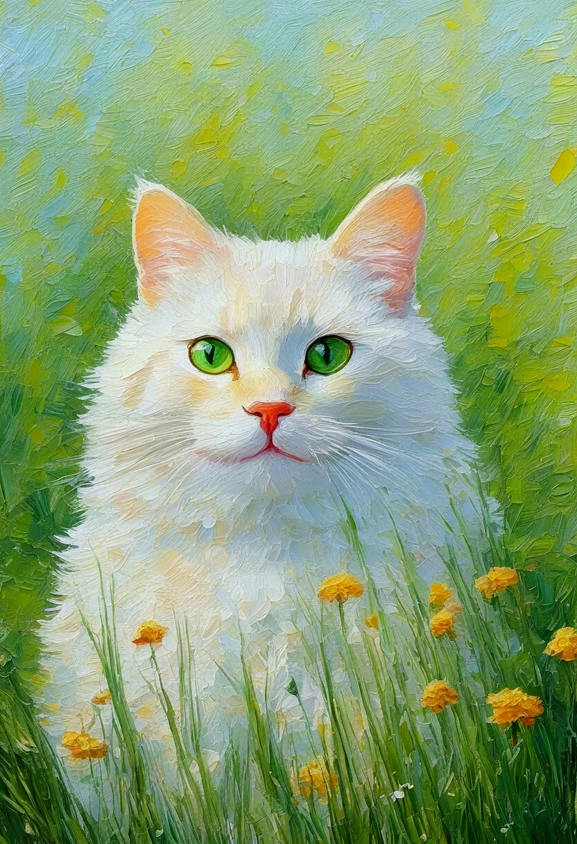 High saturation，Oil painting texture ，Light and Shadow， rough brushstrokes and textures：illustration of a cat with a green patch of grass and plants, Relja Penezic's digital art , shutter,  furry art , Cat and plant , Cat design, illustration of a cat,  depicts a , Anthropomorphic cats, Colorfull illustration,  cute illustration , Happy cat,  painting of a cat , a  painting of a cat 