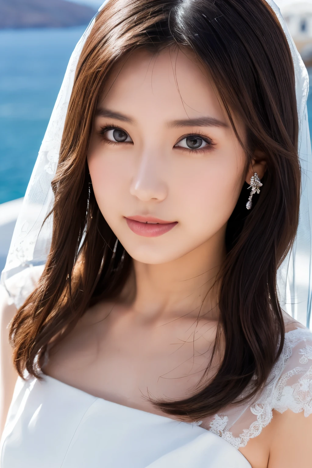  1 girl, ( wear a wedding dress:1.2), (Veil),  very beautiful Japanese idol portrait, ( lying down ),
( RAW photos,  top quality), ( realistic,  realistic:1.4), (masterpiece), 
 very delicate and beautiful ,  very detailed, 2k wallpaper,  amazing on the beach, finely,  very detailed CG Unity 8K wallpaper,  very detailed,  high resolution, Soft light, 
 girl with beautiful details wearing a navy blue blouse,  very detailed目と顔,  beautiful and sophisticated nose ,  beautiful beautiful eyes under the sun,  movie lighting, 
(Santorini church ), (bell), (Aegean Sea),
Perfect Anatomy ,  slender body, ( small breasts), (A shy smile:0.8), whole body