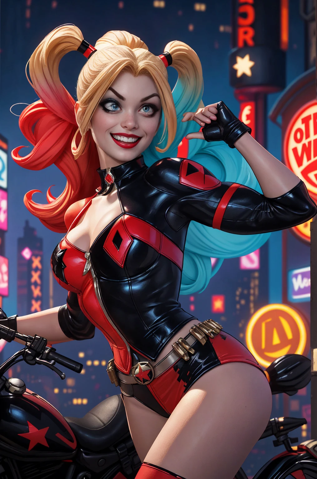 Harley Quinn merge with super girl, sexy, sitting on bench, metropolitan background, sexy, alluring, sensual, multiple arms, multiple legs