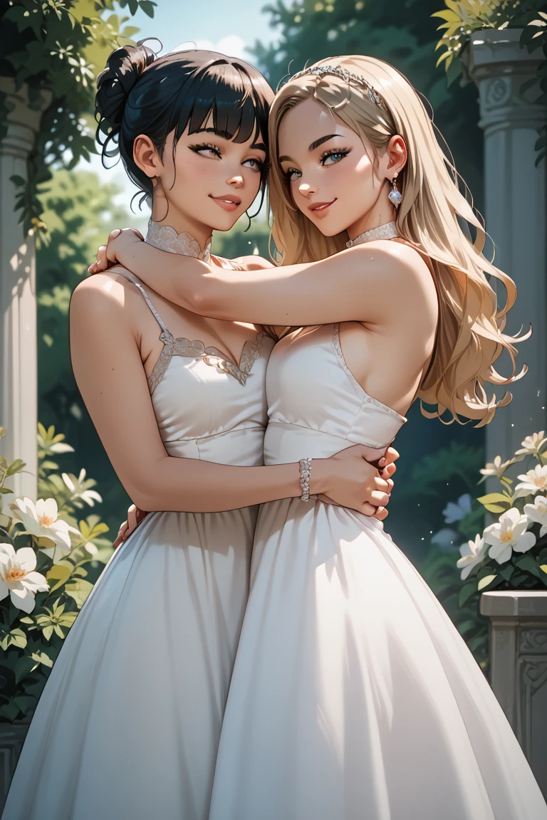 two girls hugging each other in a dress