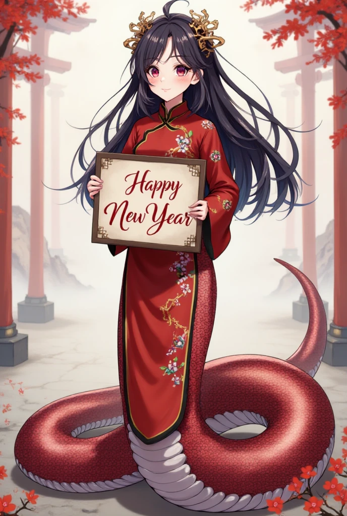 1 girl,lamia, chinese dress holding a sign,write in cursive with a quill in black "Happy new year". 