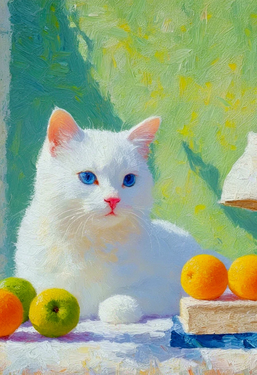 High saturation，Oil painting texture ，Light and Shadow， rough brushstrokes and textures：There is a white cat on the table。 fruit，Book，desk lamp。粉彩风格绘画 , Summer Afternoon