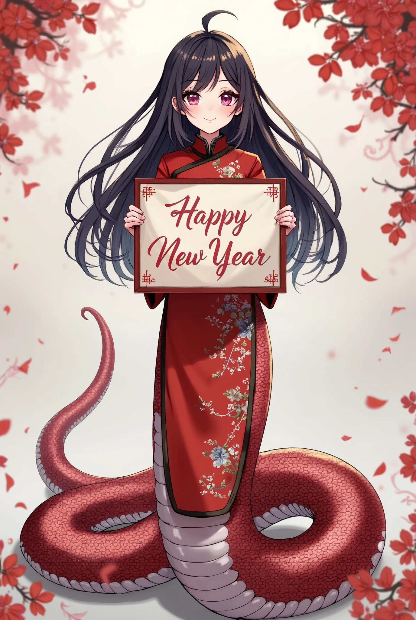 1 girl,lamia, chinese dress holding a sign,write in cursive with a quill in black "Happy new year". 