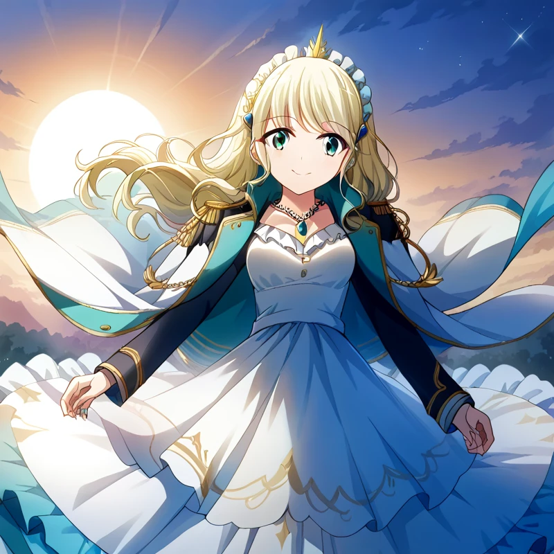 score_9, score_8_consolation, score_7_consolation, score_6_consolation, 1 woman, Shiori ,  blond hair , Long hair , shoulder jacket, Epolite , headdress,  cool wind ,  princess dress , long dress, seafront, sunset,  light smile  , necklace
