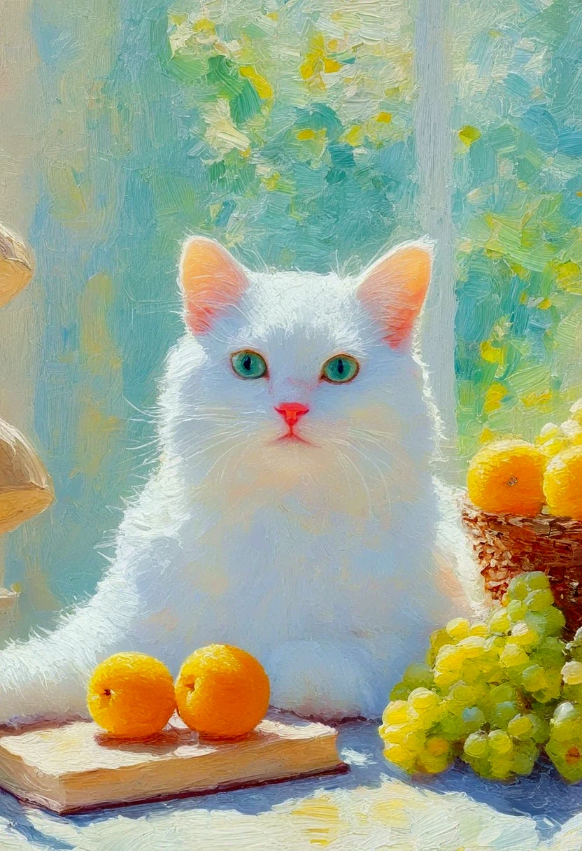 High saturation，Oil painting texture ，Light and Shadow， rough brushstrokes and textures：There is a white cat on the table。Heterochromia。 fruit，Book，desk lamp。粉彩风格绘画 , Summer Afternoon