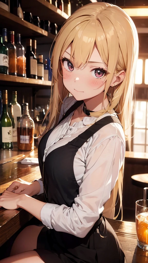 21 year old girl, beautiful blonde hair, slender, blushing, nervous, clubbing attire, sitting alone at bar, lesbian flag hanging behind bar counter,