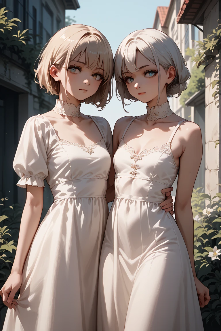 2girls, high-quality, anime, white dress