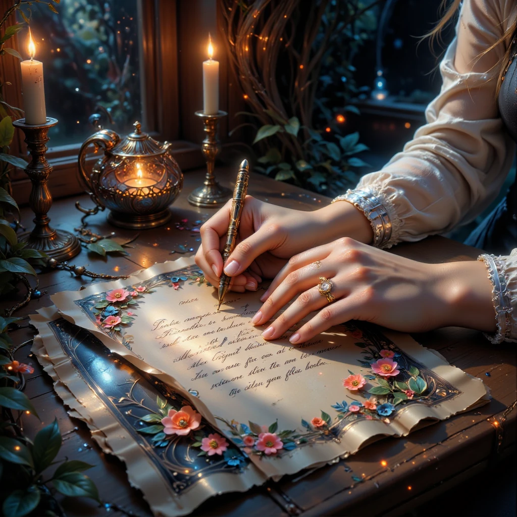  Vintage paper with handwritten text, with text, writing pen ,  - everything is lying on the table with candles .  Beautiful women's hands holding a ring .  Light beautifully illuminates everything . 