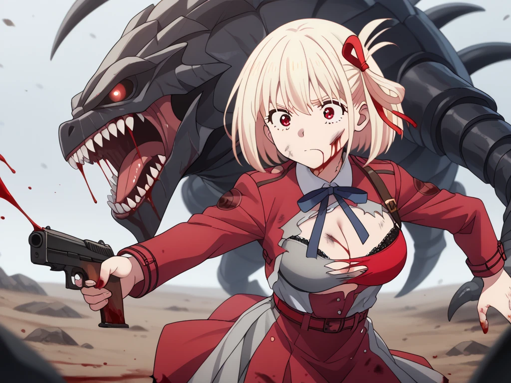 chisato nishikigi, short hair, bangs, blonde hair, red eyes, hair ribbon, one side up, bob cut, large , shirt, long sleeves, dress, ribbon, white shirt, collared shirt, belt, neck ribbon, red dress, blue ribbon, pleated dress, grey dress, two-tone dress, red belt, lycoris uniform, holding gun, (torn clothes, bleeding, bleeding from head, hurt, dirty:1.2), (torn :1.2), (torn :1.2), (show :1.2), (torn skin:1.2), feminine , sharp eyes, tank, (enemy monster:1.2), battle field, wide shot, masterpiece, best quality, ultra-detailed, high resoolution, 8K, detailed background,