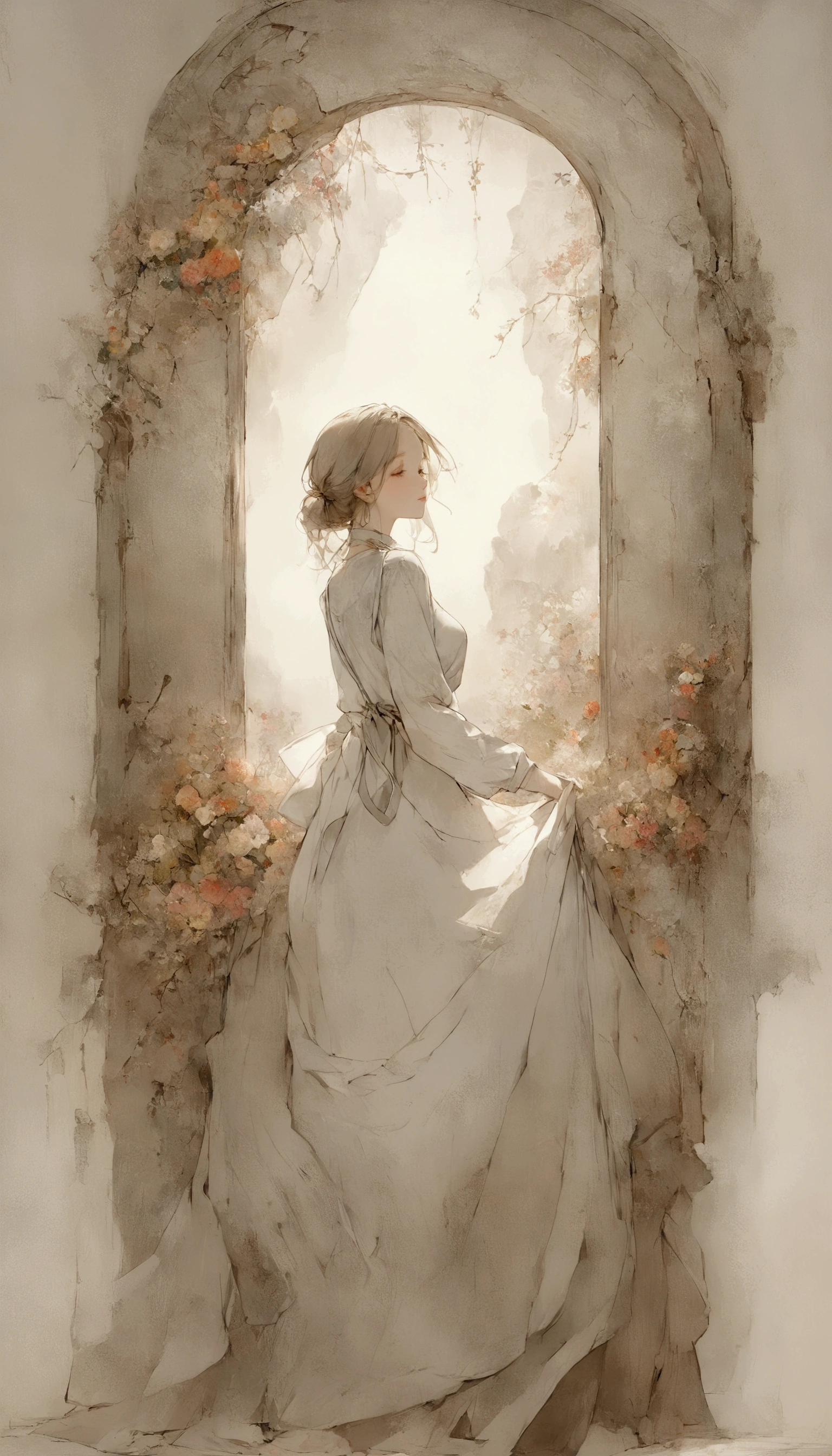 (((Simple configuration)))、((( Background is a white wall:1.2)))、  one girl、  wears a perfect figure over a white blouse 、絵のように beautiful、sketch、  very delicate  、Cloud-like wall、、  floral、Graceful depiction 、Abstract、Overall bright color、Gentle colors、  Taisho Romance、( masterpiece 、  top quality 、  top quality 、  Official Art、 beautiful,  beautiful:1.2)