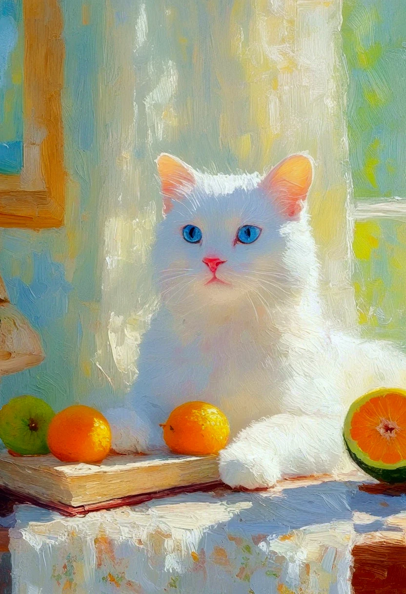 High saturation，Oil painting texture ，Light and Shadow:1.37， rough brushstrokes and textures：There is a white cat on the table。Heterochromia。 fruit，Book，desk lamp。粉彩风格绘画 , Summer Afternoon