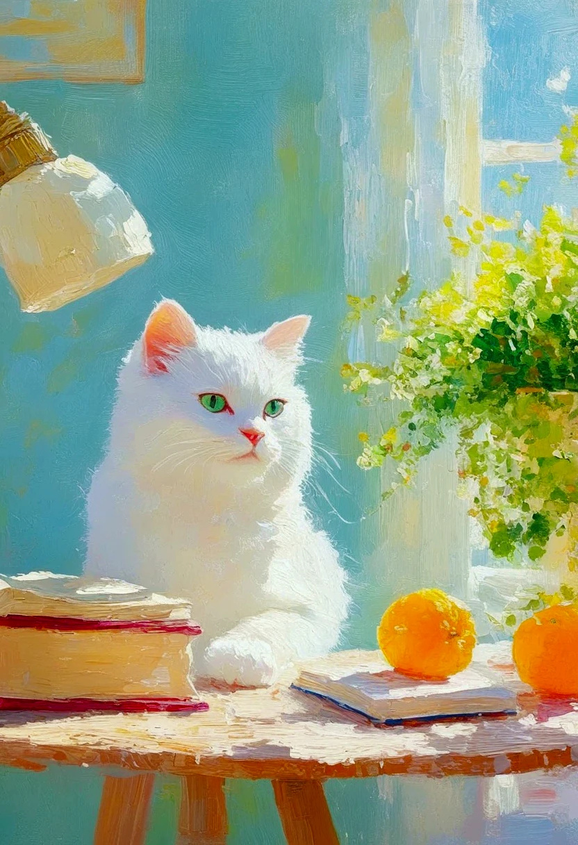 High saturation，Oil painting texture ，Light and Shadow:1.37， rough brushstrokes and textures：There is a white cat on the table。Heterochromia。 fruit，Book，desk lamp。粉彩风格绘画 , Summer Afternoon