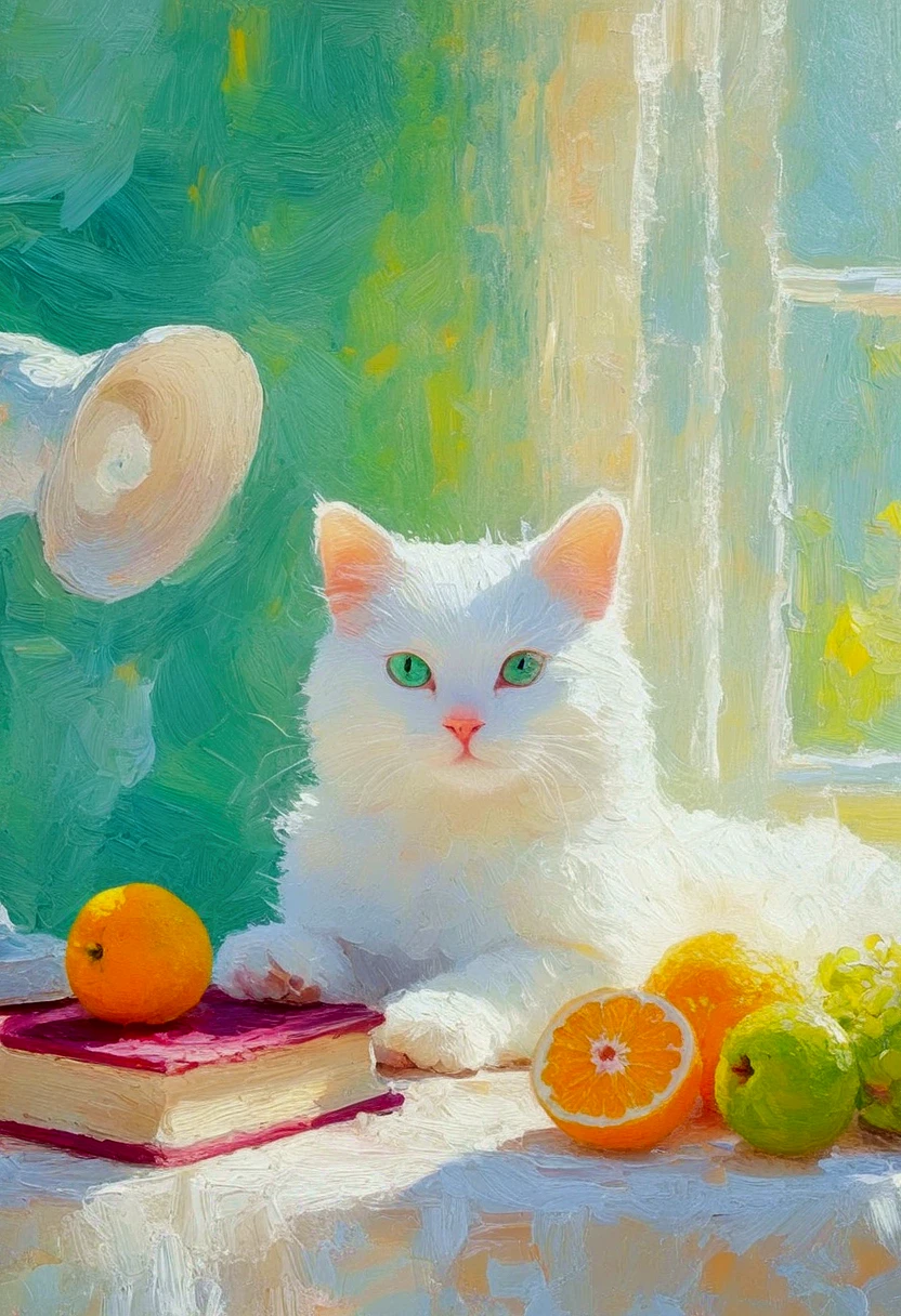 High saturation，Oil painting texture ，Light and Shadow:1.37， rough brushstrokes and textures：There is a white cat on the table。Heterochromia。 fruit，Book，desk lamp。粉彩风格绘画 , Summer Afternoon