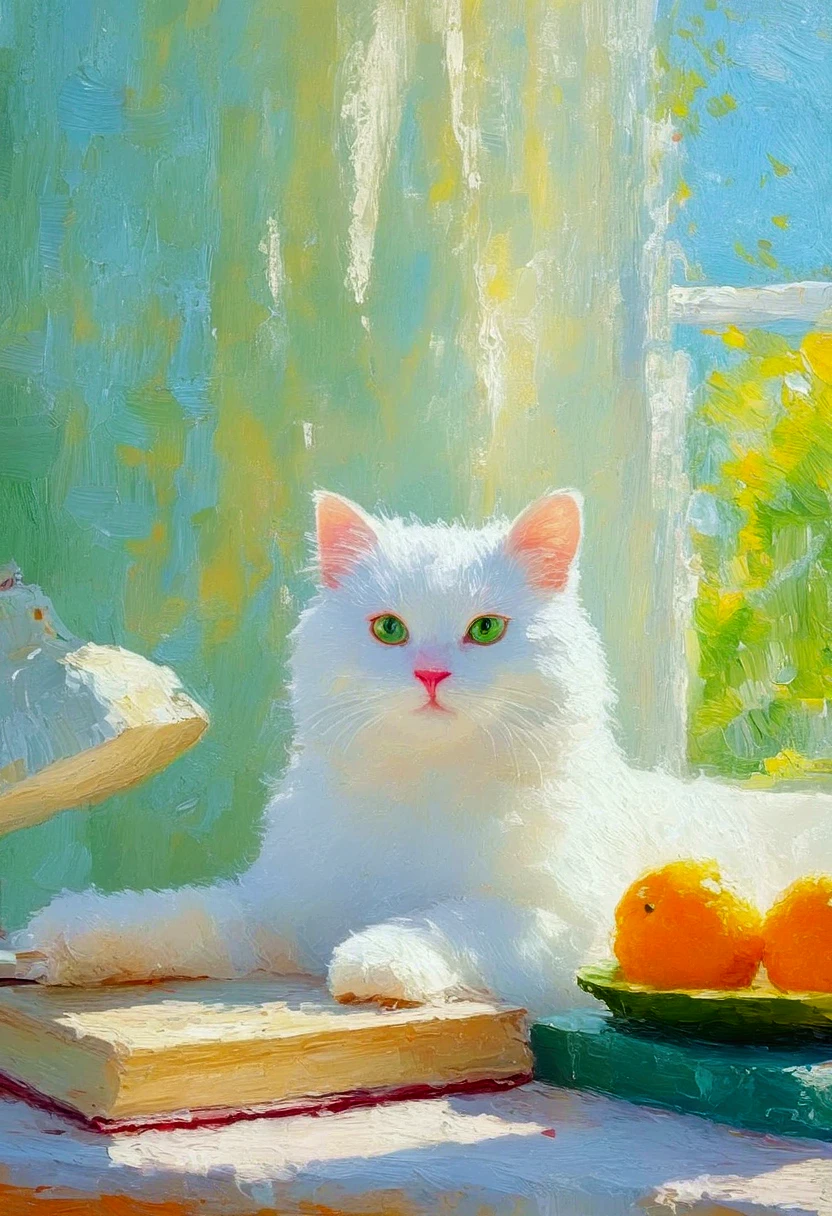 High saturation，Oil painting texture ，Light and Shadow:1.37， rough brushstrokes and textures：There is a white cat on the table。Heterochromia。 fruit，Book，desk lamp。粉彩风格绘画 , Summer Afternoon