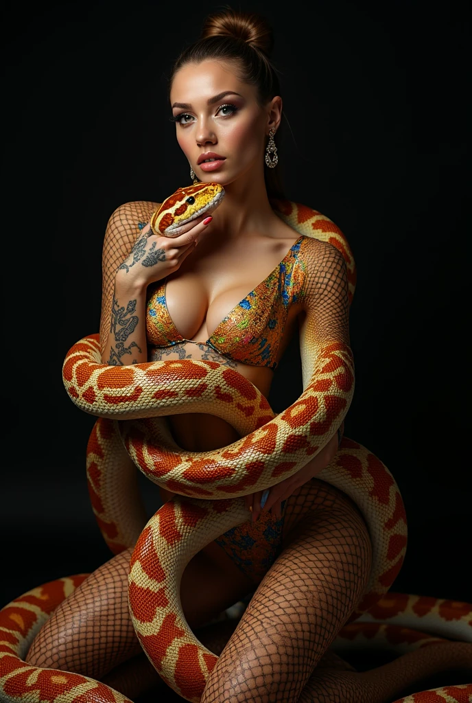 13 SAII dictator, tattoo of a large dragon, tattooed all over body, snake suit, American football helmet, face guard, pin heels, background is fighter, mask, full body knitted tights