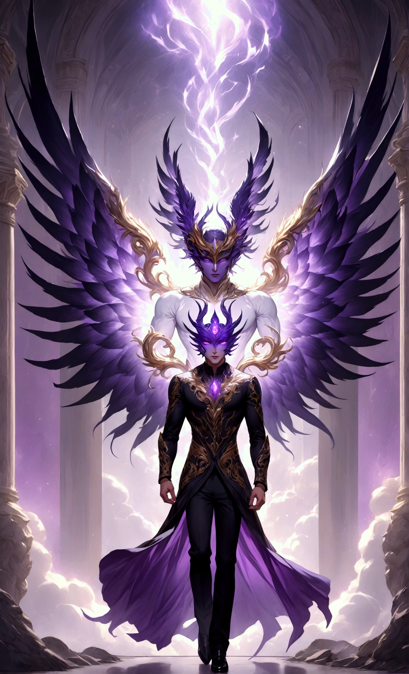 
A masterpiece depicting a stunningly detailed, ultra-high-resolution full-body portrait of a breathtakingly handsome young man. His flawless face is partially concealed by a beautifully designed, intricate purple mask that radiates elegance and mystery. The mask, adorned with fine patterns and glowing accents, seamlessly enhances his ethereal presence. Strands of his long, bone-straight white hair cascade over the edges of the mask, adding a soft, natural touch to its bold design. His glowing bright violet-purple eyes pierce through the openings of the mask, exuding a captivating and otherworldly intensity, while his vibrant red lips remain visible, providing a striking contrast to the mask.

Large, magnificent angel wings radiate a rich purple hue, engulfed in vibrant, mystical purple flames, symbolizing his celestial and fiery essence. The figure embodies the inspiration of a Phoenix warrior, standing with a cold and commanding expression that conveys profound power and authority. His toned, muscular physique is flawlessly sculpted, emphasizing strength and grace. He wears sleek black pants and a black hoodie, perfectly tailored to his form, complemented by a meticulously designed watch that adds a modern, stylish touch.

Floating amidst the breathtaking splendor of the earth, the glowing angelic being is surrounded by cinematic elements. Vivid landscapes and atmospheric lighting enhance the grandeur of the scene, creating a stark contrast to his shadowverse-inspired, enigmatic presence. His majestic aura radiates divine energy, blending heavenly beauty with an air of dark mystery. Every detail, from the intricate design of his mask to the interplay of light and shadow on his figure, is rendered with extraordinary precision, resulting in a visually captivating masterpiece at an unparalleled 128k resolution.

