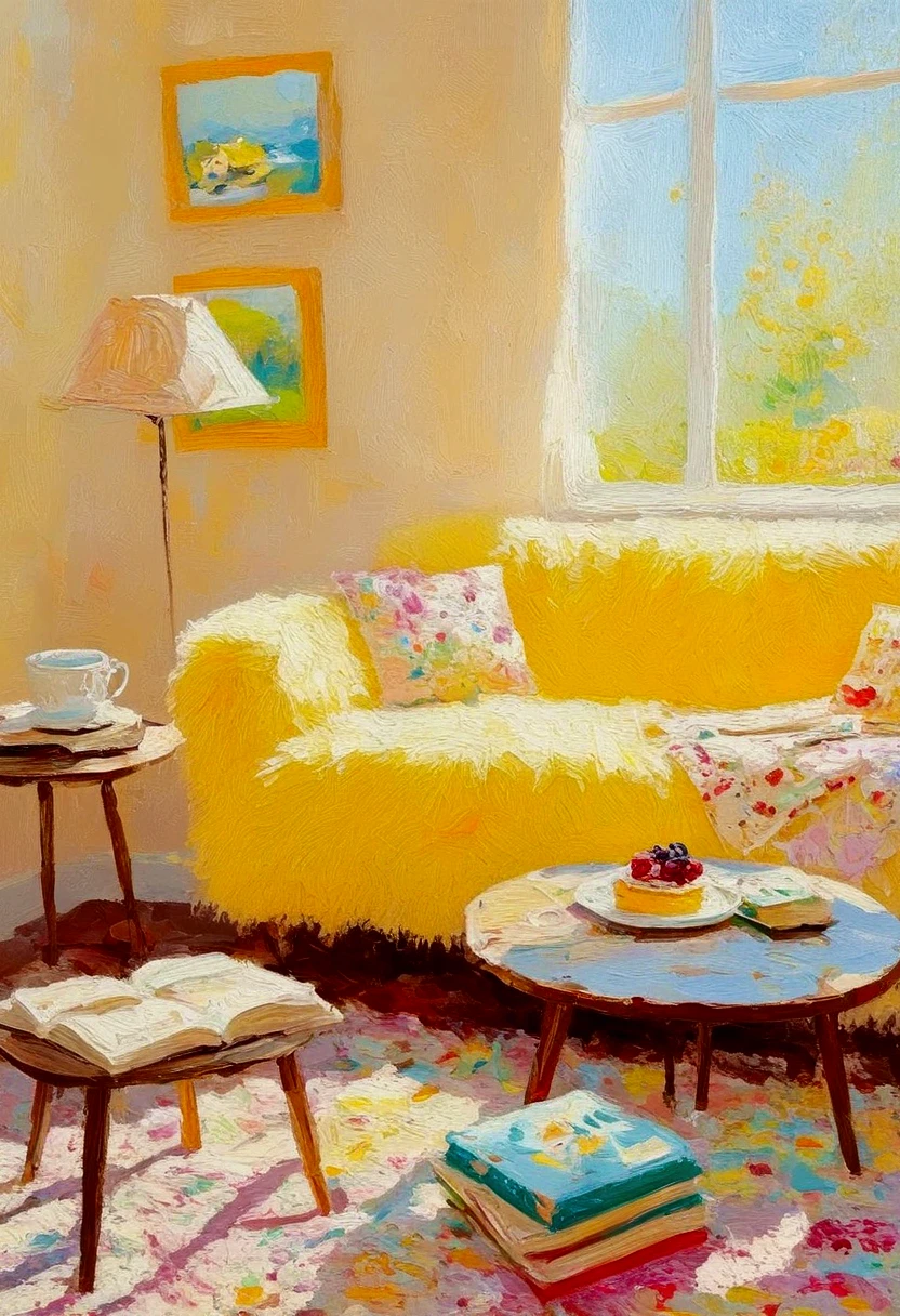 Impressionist wood grain oil painting, parallel view, a yellow fur sofa, super cute, fluffy carpet, a book on the sofa, a vintage floor lamp on the left of the sofa, warm beige wall hanging picture frame, a small round table, a cup of coffee, a dessert, a pile of books on the wooden floor, dashes of light and shadow, a romantic and warm atmosphere, light from the window, Fall in food, small strokes of oil painting, 