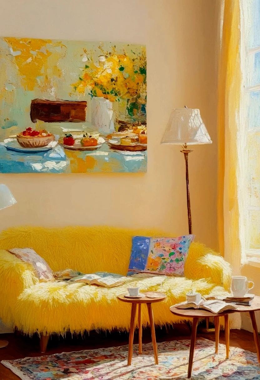 Impressionist wood grain oil painting, parallel view, a yellow fur sofa, super cute, fluffy carpet, a book on the sofa, a vintage floor lamp on the left of the sofa, warm beige wall hanging picture frame, a small round table, a cup of coffee, a dessert, a pile of books on the wooden floor, dashes of light and shadow, a romantic and warm atmosphere, light from the window, Fall in food, small strokes of oil painting, 