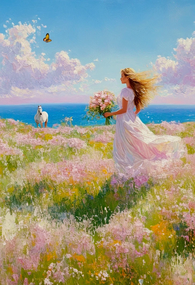 A beautiful woman in a white dress, holding flowers and walking with her horse on the grassland in the style of Frank Emelich. The colors are pastel pink and soft yellow, with butterflies flying around. It is a full-body portrait, with the woman's long hair blowing in the wind. The background features a sea landscape. The artwork is an oil painting, with visible brush strokes, creating a romantic atmosphere. The level of detail is very high, and the lighting has a dreamy quality.