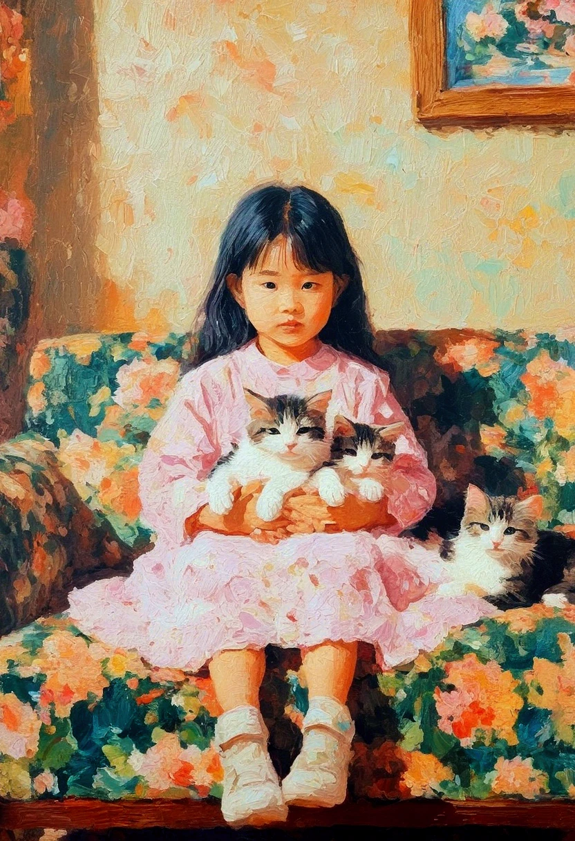 Oil painting of a ****** Asian girl holding a cat on a floral sofa, moody, natural light, art, vintage, lo-fi, VHS home video, art style by Walter Fyfe