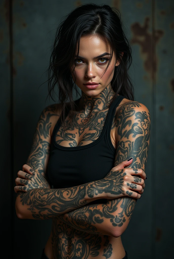 Realistic black haired woman, intimidating blue eyes, she has very white and pale skin, she is tattooed, she wears black gothic workout clothes. She is training on the punching bag, he is training box, fully concentrated and spontaneous.
