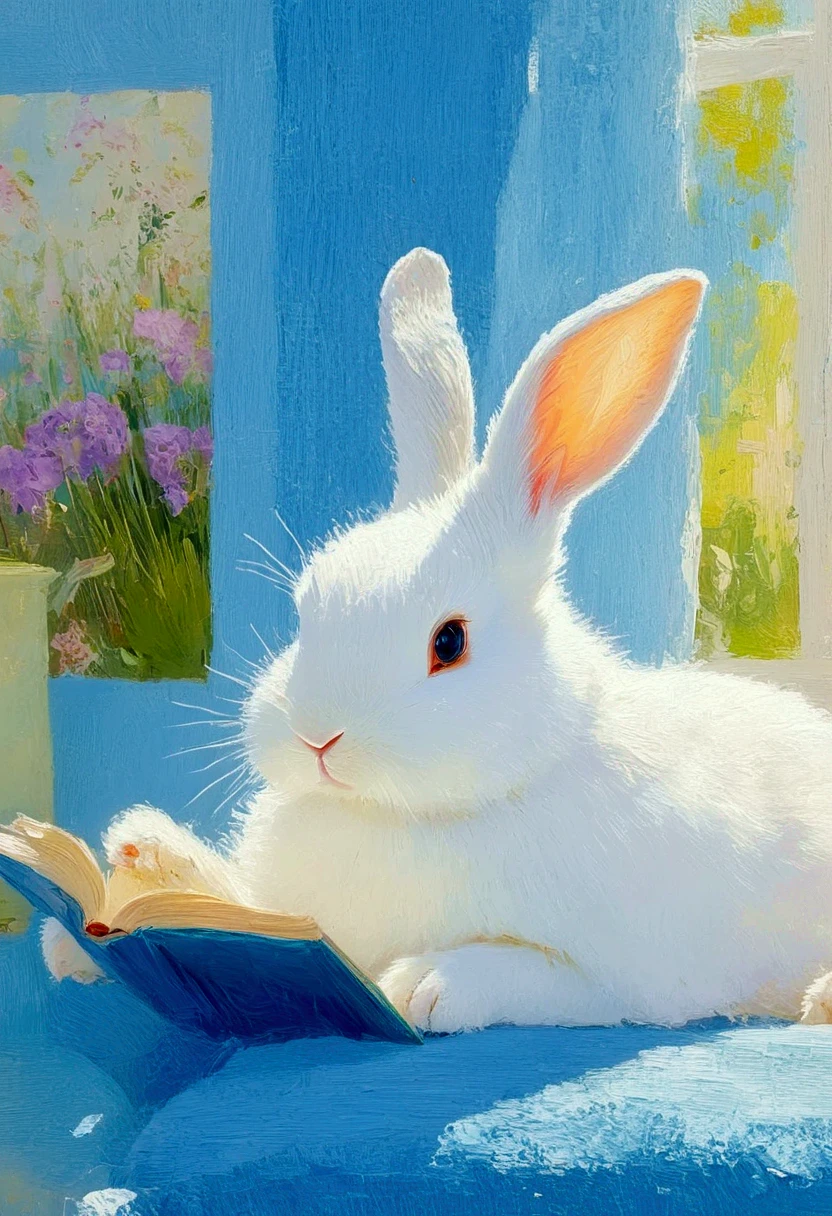 A white rabbit with long ears is lying on the sofa, reading a deep blue book cover of a children's picture book. The painting has a pastel color palette, with a cute and warm style, reminiscent of an oil painting. The close-up shot focuses on the rabbit's face, set against a garden background with a spring scene on a sunny day. The natural light creates a bright and lively atmosphere. small strokes of oil painting, 