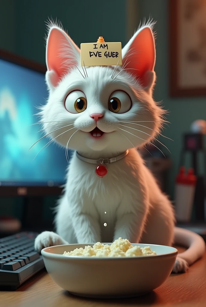 (realistic 3d style:1.5),(full grown white old cat in gamerroom near PC filled with cat nip rolling around big wide eyes:1.2),(sniffing catnip getting excited shocked expression),(smug look on face) (gluetube pushed in foodbowl clear white fluid coming out :1.5)(medium view:1.3),,(wearing a stickytape on head with sign saying " I LOVE GLUE" :1.3),(random posing":1.5),(side view:1.5),man 40 years old stnding behind cat face in view, shagy long dark brown hair and full long beard wearing shirt that says  "I AM PEEVERT":1.2)