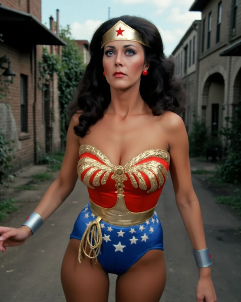  A gorgeous Wonder Woman in tight red and blue,  dark black wavy hair that men covet ,  Beautiful Meticulous Eyes ,  Striking facial features ,  Sexy 選美皇后体格, White Skin ,The expression is romantic and sexy,  Strong posture ,  in an impressive motion position , Dynamic Lighting,  Dramatic cinematic scenes ,  digital painting , Complex and detailed rendering ,  ultra-realistic, 8K, vibrant colors,  Dramatic shadows ,  Movie Lights, Glamorous,   Sexy  , The long ,  Random Pose，Ergonomic postures， The background is an old street in an abandoned town in the 1920s , The background is full of vines ,