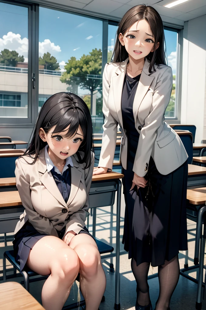 female teacher pees during class 、A female teacher herself in front of her students、 The female teacher bends down on the pulpit and pees while opening her 、A lot of でと床が濡れる、 beauty、 Japanese women、 adult appeal、 Completate、 The female teacher blushes with embarrassment that she peed in front of the students、 The female teacher and many students are in the school classroom 、From the front of the female teacher、A lot of 、White suit top and bottom 、 wearing high heels 、Many students are surprised to see the female teacher's incontinence 、Female teacher leaning forward to