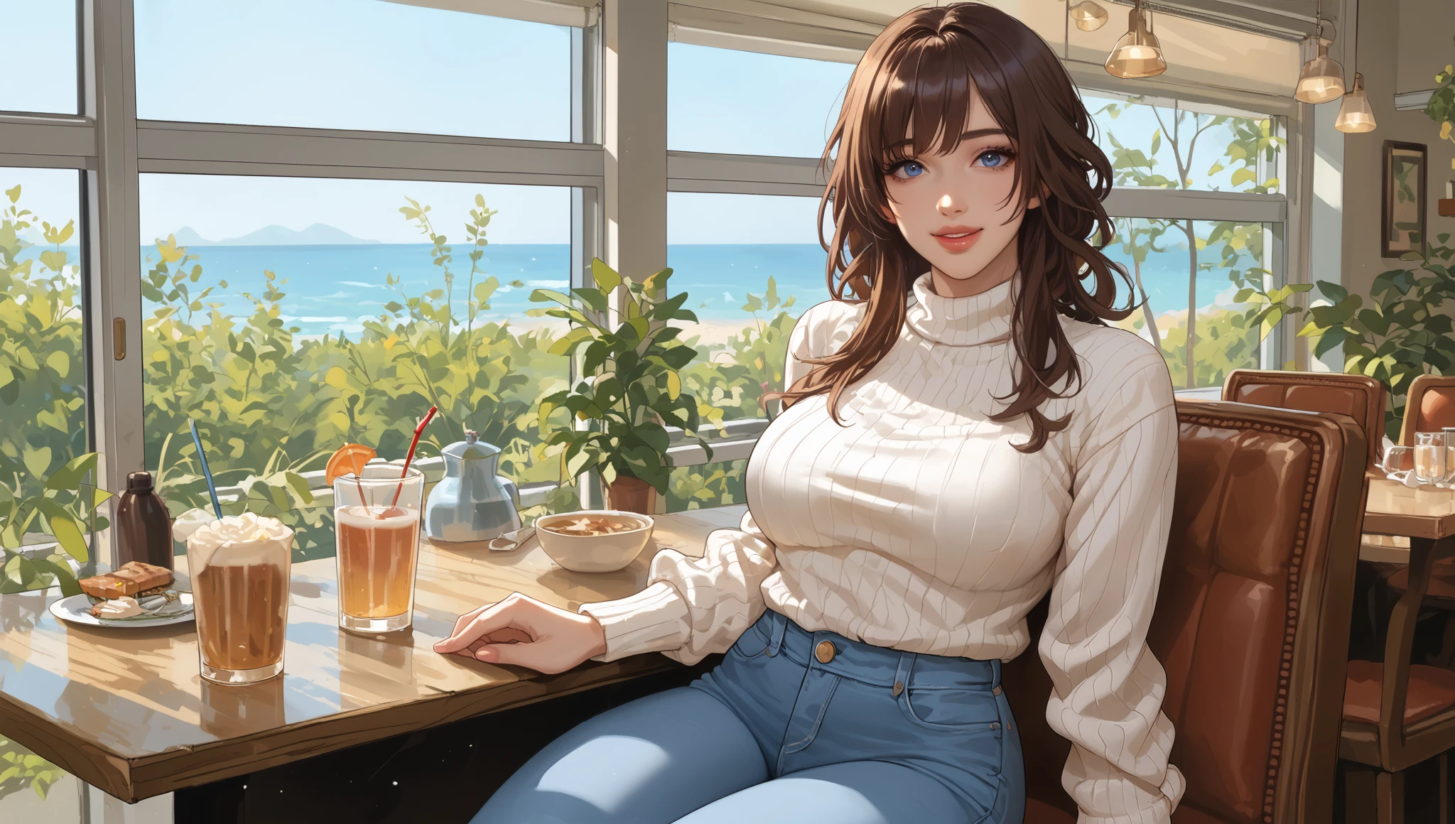1girl, happy expression, adult, mature, perfect breast, medium breast, full round, curvy, very curvy, thick thighs, full lips, white neck sweater with cream blazer, fitted jeans, BROWN HAIR, loose waves hair, azure, blue eyes, looking at viewer, sitting in cafe, luxury cafe. (Slim Body), portrait. (Morning:1.4), Kafka