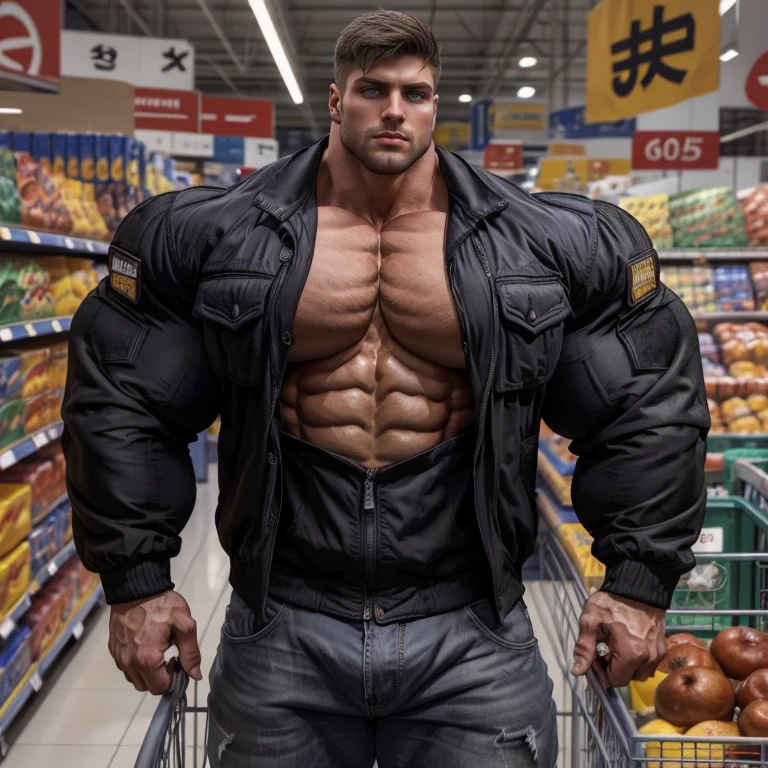 Handsome Indian pehlwan muscular hunk in tight denim sweat shirt with joggers with huge bulge wetty spoton bulge, doing shopping and drinking coffee from tumblr in shopping mall, head to thigh view