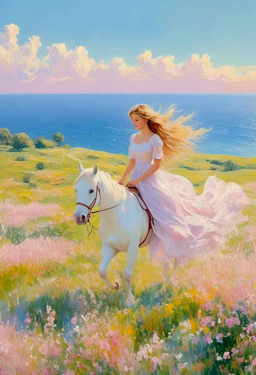 A beautiful woman in a white dress, holding flowers and walking with her horse on the grassland in the style of Frank Emelich. The colors are pastel pink and soft yellow, with butterflies flying around. It is a full-body portrait, with the woman's long hair blowing in the wind. The background features a sea landscape. The artwork is an oil painting, with visible brush strokes, creating a romantic atmosphere. The level of detail is very high, and the lighting has a dreamy quality.