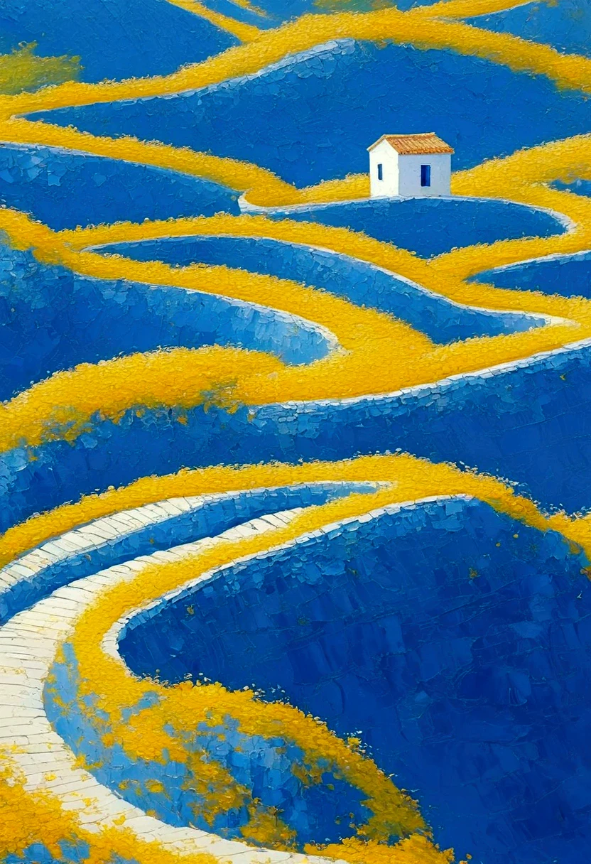 Dima Dmitriev, Spirals, Tang Yau Hoong, Richard Serra Inspiration, Top View Angle, High Masterpiece Composition, Golden Section Line, Klein Blue, Tiffany Blue,Malta Blue Tones, Oil Painting Style, Strong Color Contrast,Minimalist,