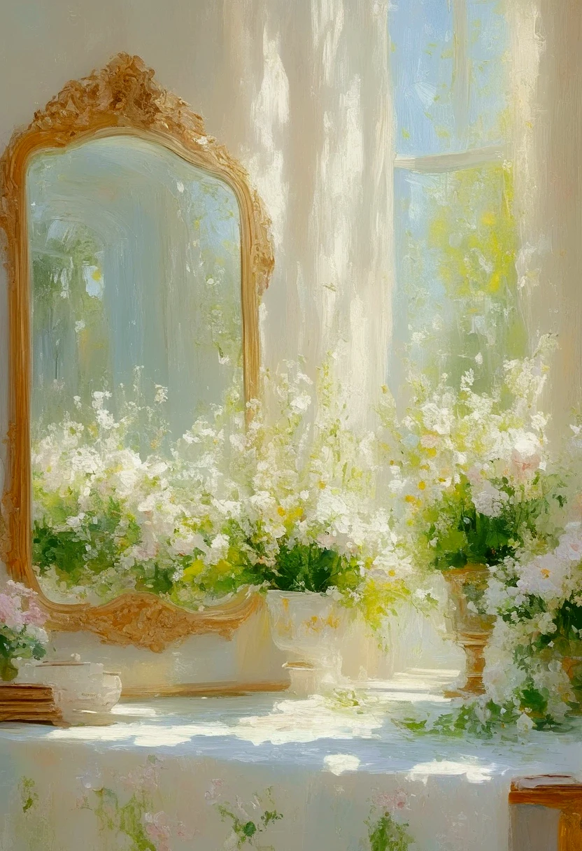 a painting showing flowers in a mirror, in the style of soft, romantic scenes, grandeur of scale, precisionist, light-filled scenes, rich tonal palette, dark white and light white, luminous impressionism