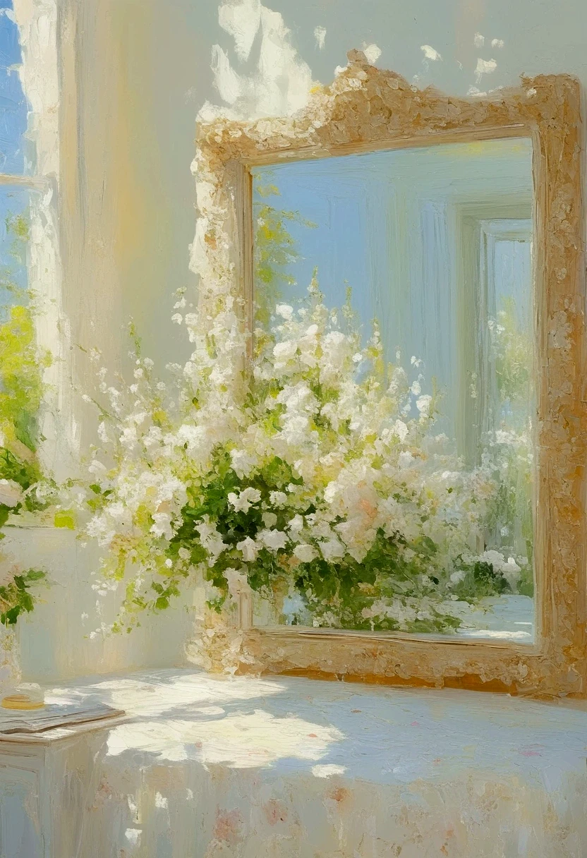 a painting showing flowers in a mirror, in the style of soft, romantic scenes, grandeur of scale, precisionist, light-filled scenes, rich tonal palette, dark white and light white, luminous impressionism