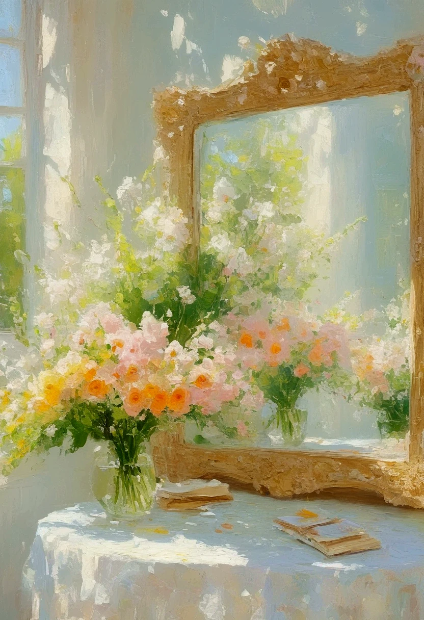 a painting showing flowers in a mirror, in the style of soft, romantic scenes, grandeur of scale, precisionist, light-filled scenes, rich tonal palette, dark white and light white, luminous impressionism