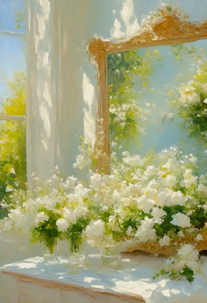 a painting showing flowers in a mirror, in the style of soft, romantic scenes, grandeur of scale, precisionist, light-filled scenes, rich tonal palette, dark white and light white, luminous impressionism