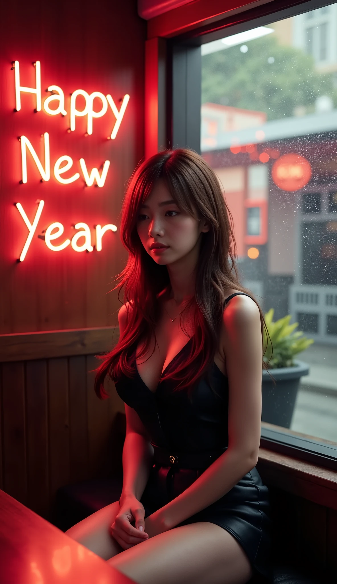 (new year poster, poster:1.5), (8k resolution), (top quality), (masterpiece), (super detailed ),(dramatic),(Add a border around the image:1.3), , ("Happy new year" neon sign:1.5), professional photography, lighting style of Wong Kar-wai movies, oriental beauty sitting leaning against the corner of a window in, she has messy long straight hair, she is looking down, sitting leaning against the corner of a restaurant, window with raindrops, set in Hong Kong in the 80s, bokeh