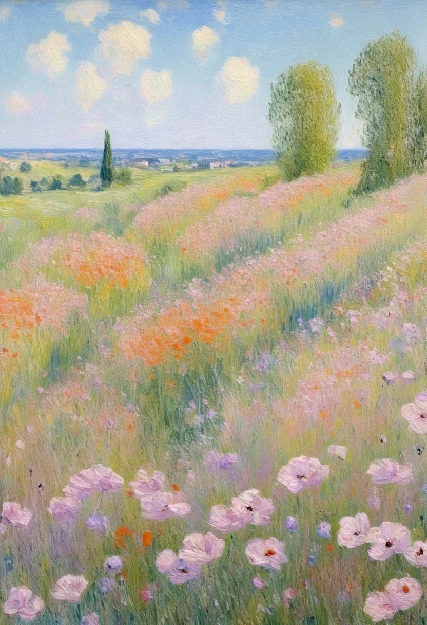 Claude Monet's wild poppies near Argenteuil, light purple and pink tones, pastels, impressionistic moods, impressionistic landscapes, industrial paintings, oil brushstrokes, softness