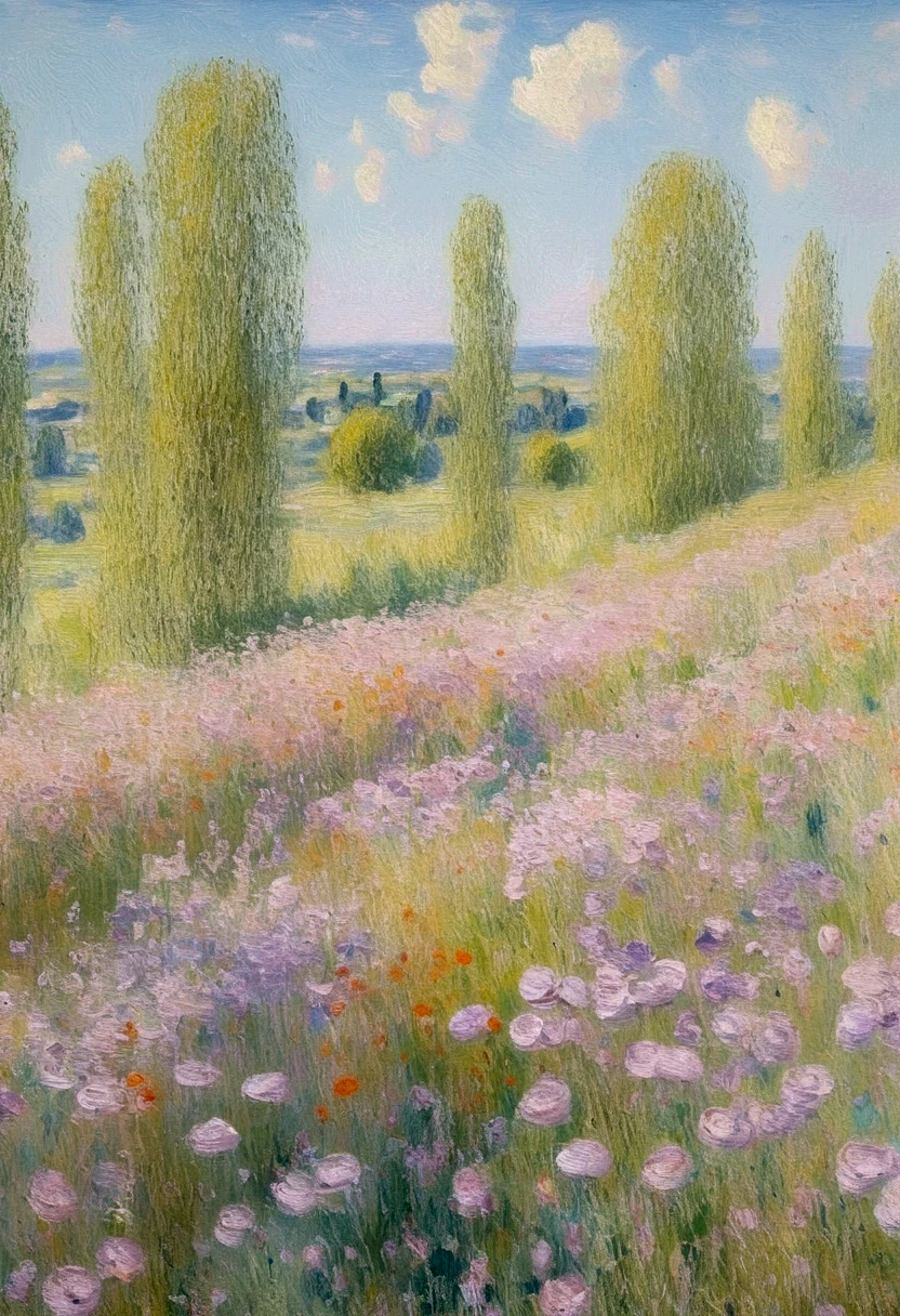 Claude Monet's wild poppies near Argenteuil, light purple and pink tones, pastels, impressionistic moods, impressionistic landscapes, industrial paintings, oil brushstrokes, softness