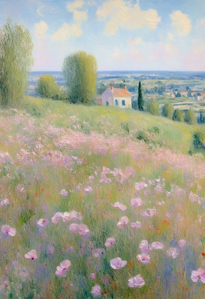 Claude Monet's wild poppies near Argenteuil, light purple and pink tones, pastels, impressionistic moods, impressionistic landscapes, industrial paintings, oil brushstrokes, softness