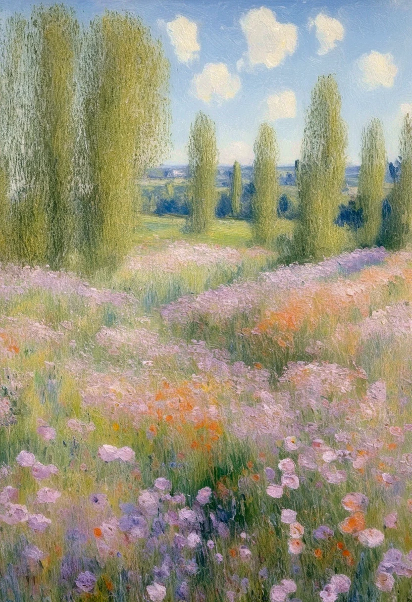 Claude Monet's wild poppies near Argenteuil, light purple and pink tones, pastels, impressionistic moods, impressionistic landscapes, industrial paintings, oil brushstrokes, softness