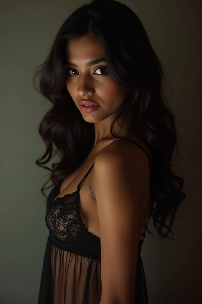 Juncal Solano, une magnifique belle jeune femme latina,poses pour tout le corps, assis dans un lit [porter uniquement des sous-vêtements en dentelle noire], pose sensuelle, highly detailed face and skin, piercing gaze, flowing dark hair, Dramatic lighting, cinematic composition, photorealistic, Style Juncal Solano,