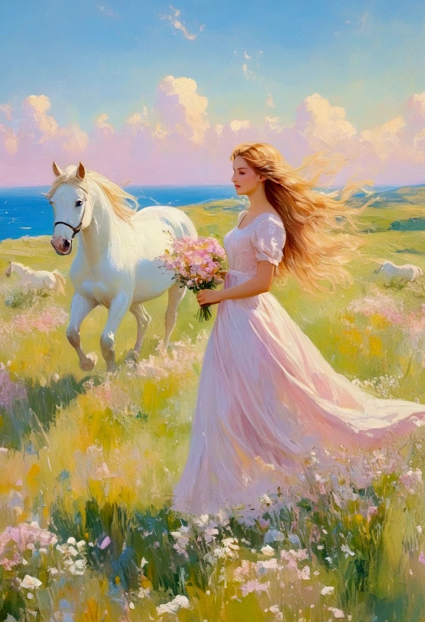 A beautiful woman in a white dress, holding flowers and walking with her horse on the grassland in the style of Frank Emelich. The colors are pastel pink and soft yellow, with butterflies flying around. It is a full-body portrait, with the woman's long hair blowing in the wind. The background features a sea landscape. The artwork is an oil painting, with visible brush strokes, creating a romantic atmosphere. The level of detail is very high, and the lighting has a dreamy quality.