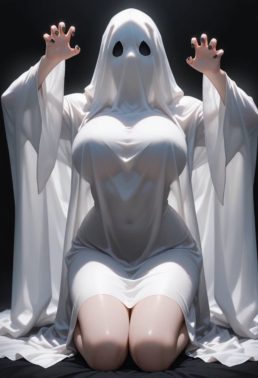 masterpiece, best quality, vibrant, very aesthetic, high contrast, semrealistic, newest, 
sheet ghost,solo,ghost costume,1girl,black background,claw_pose,(covered nipples:0.6),big breasts,black nails,kneeling,