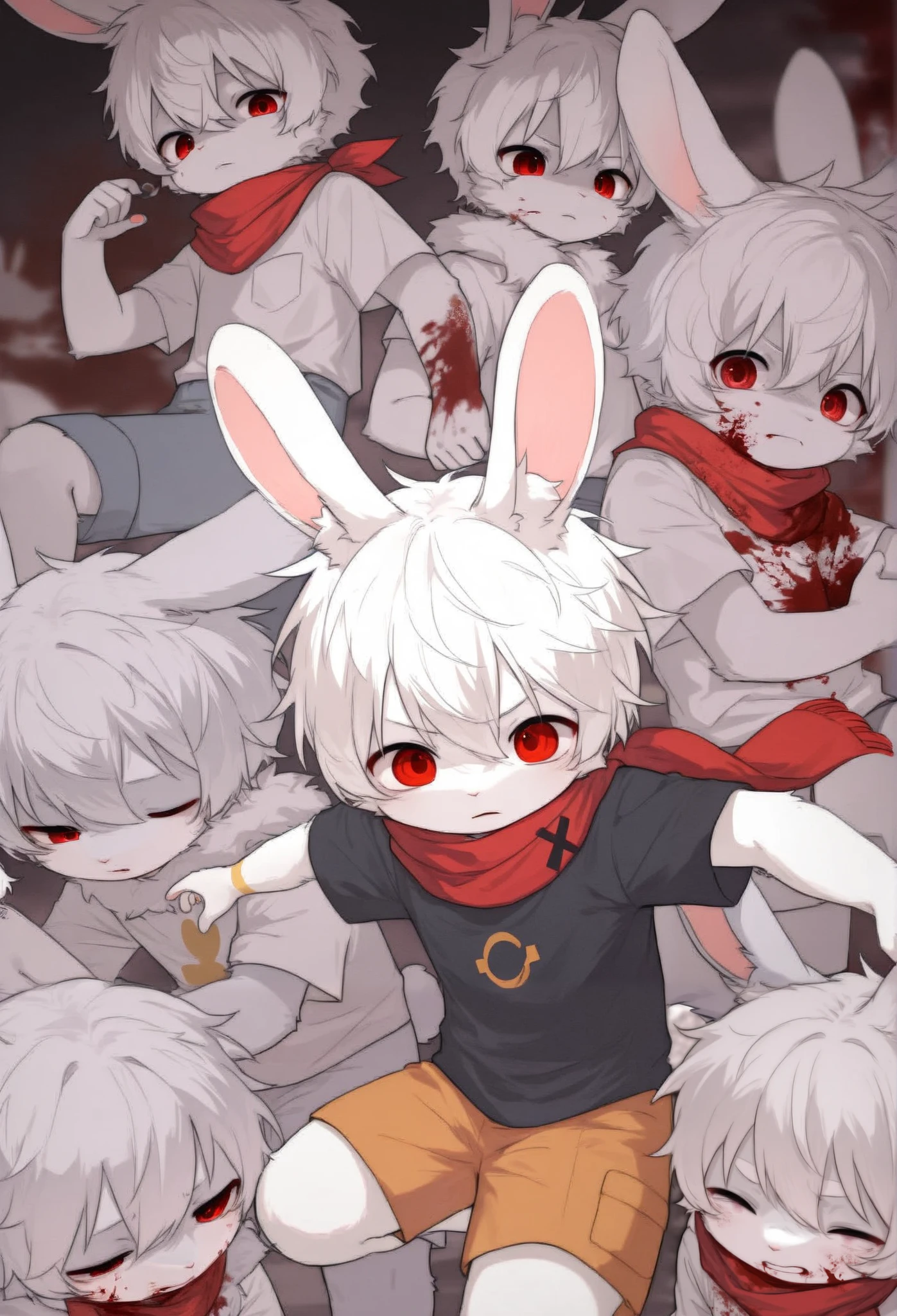 A rabbit boy， Rabbit Ears，furry boy， **ddlers， white hair，Red scarf， shorts，Short sleeve，bloody，