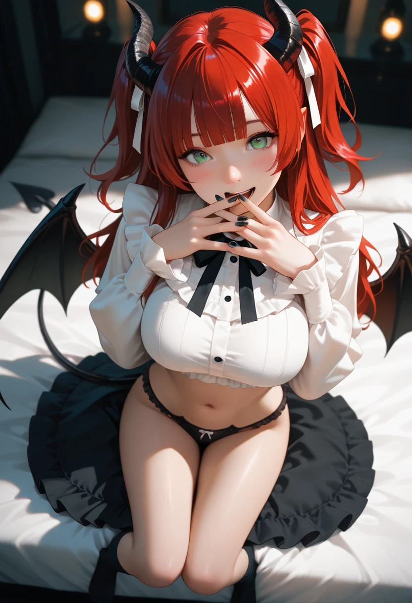 masutepiece, Best Quality, 1girl in, Solo, Yellow eyes, Red hair, Medium chest, Demon Girl, demon tail, Demon Wings, small demonic horns, pointy ear,Twin-tailed, Bat hair ornament, Cape, White shirt, White legwear, stuffed toy, plushies, beret, gloves, Bangs, short-hair,hat ,(Soft skin texture),Open your crotch,,urinate,Foam on the body,Sex in bed,Open the crotch,White foam flows out of the crotch,Gel bukkake,pissing,AHE Face,Open your crotch and press it against the camera,climax,,convulsion、Squirting,Medium 2,